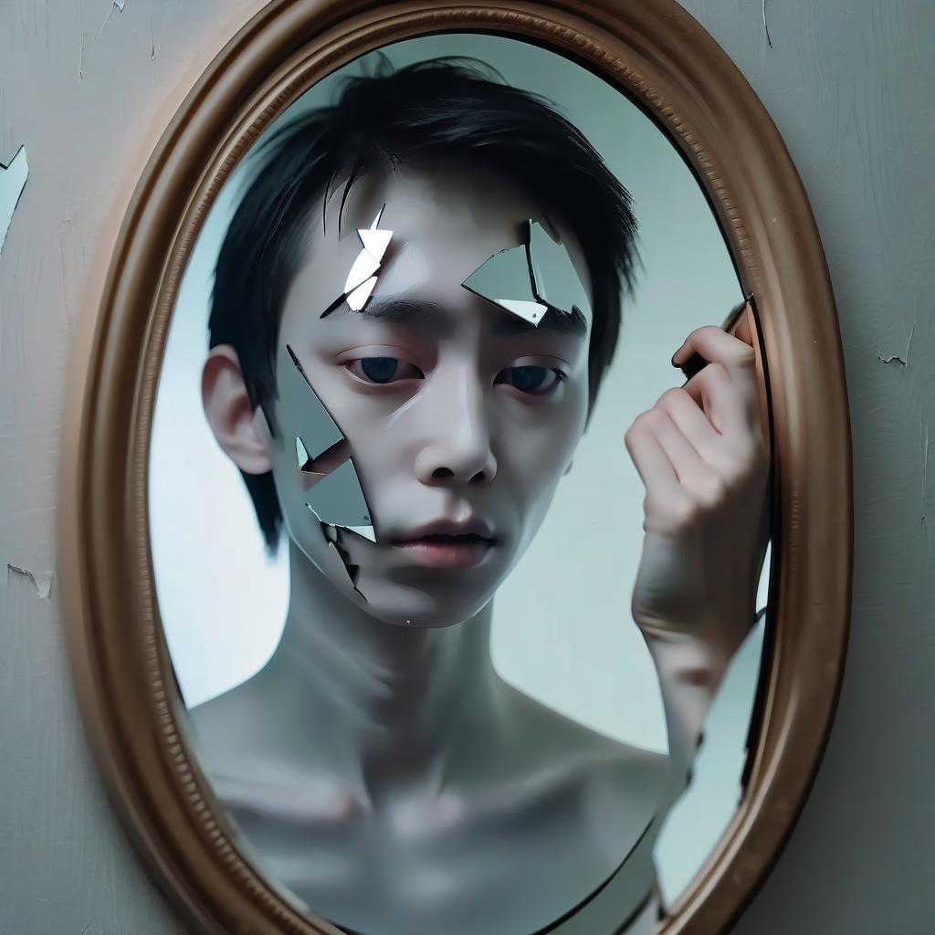  a person whose face is not reflected in a broken mirror