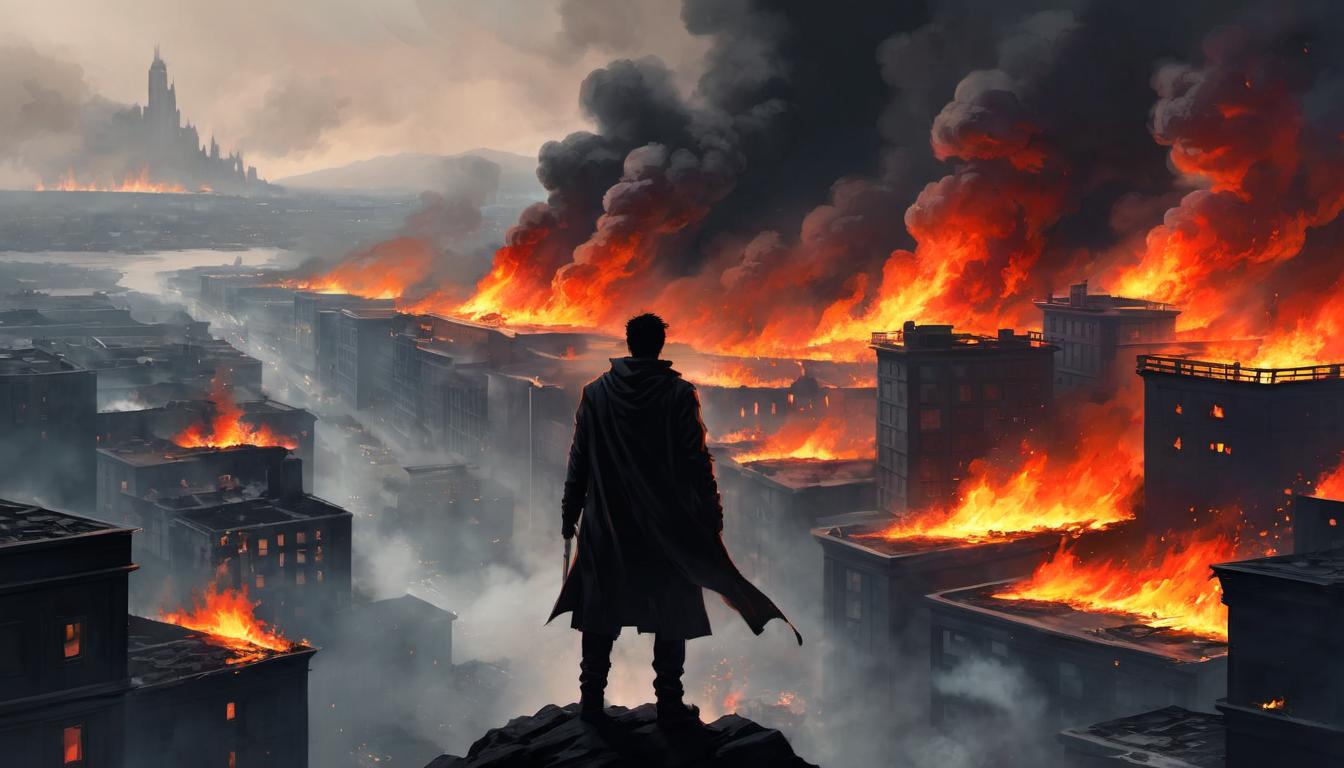  digital painting of a solitary figure standing on a precipice, back turned, overlooking a burning city, smoke and fire engulfing the buildings, silhouette stark against the flames, bleak, inevitable destruction. looking at viewer, dynamic pose, (intricate details, masterpiece, best quality)