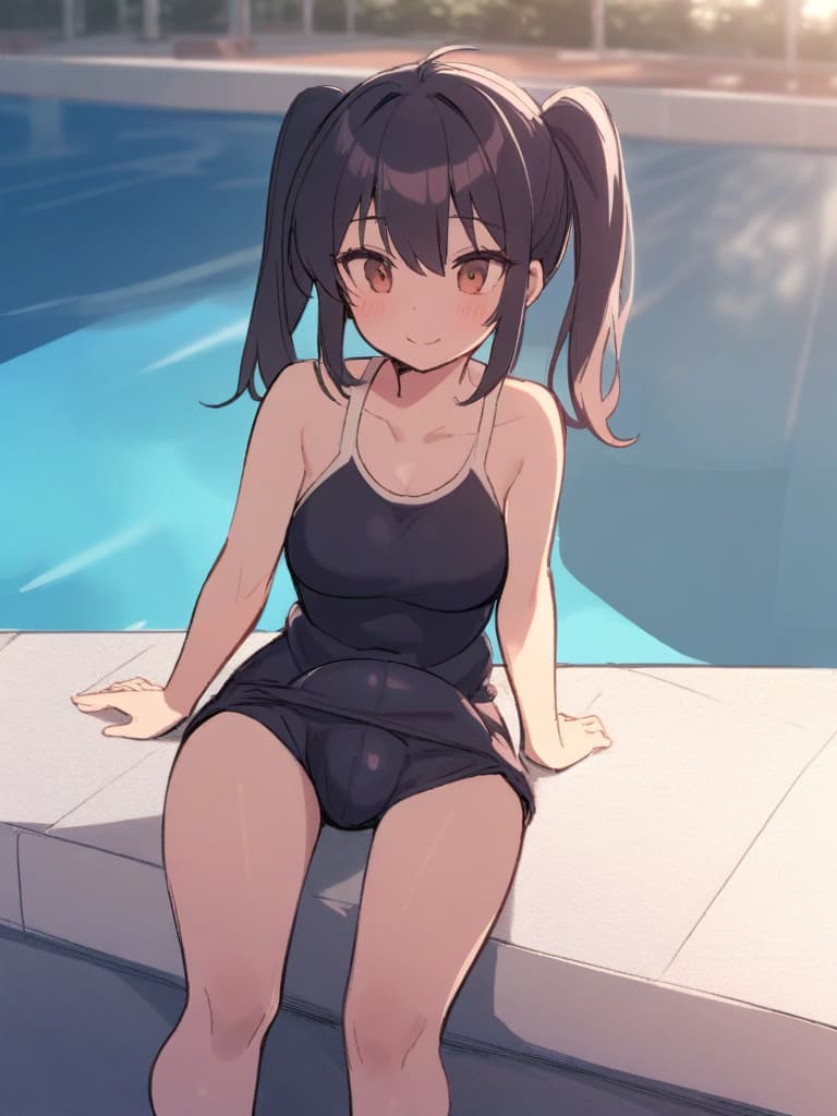  women's elementary students (male), twin tails, cute smiles, (rich s), short stature, dark blue swimwear, old swimwear, swimwear, simple, (bulging), upward, (bulge), front, whole body, pool side, pool side. ,,,