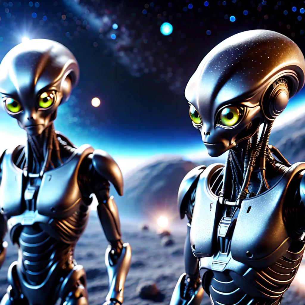  cinematic photo two alien robot aliens in wires with big eyes in close up helmets, in outer space against the background of bright galaxies, stars and comets . 35mm photograph, film, bokeh, professional, 4k, highly detailed