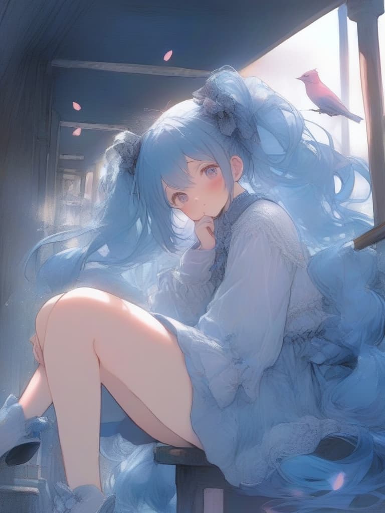  pastel colored painting,blue theme,pink theme,no lineart,full body,cinematic angle,solo,,((asymmetrical bangs,long hair,split hair,two tone hair,pastel blue hair,pastel pink hair,twintails)),frilled dress,(tights,under shorts),siting,knee up, together foots apart,platform boots,((ennui,shy,blush)),looking at side,looking away