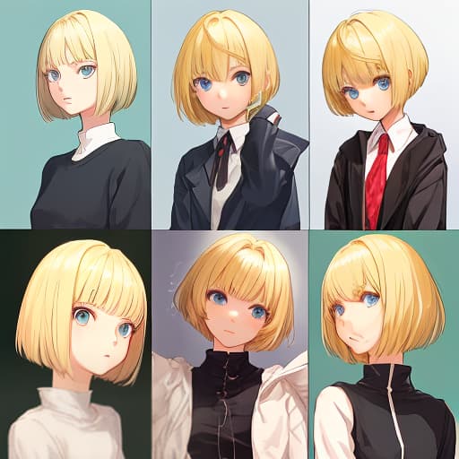  a cute anime girl with blonde hair and a short haircut with her head turned