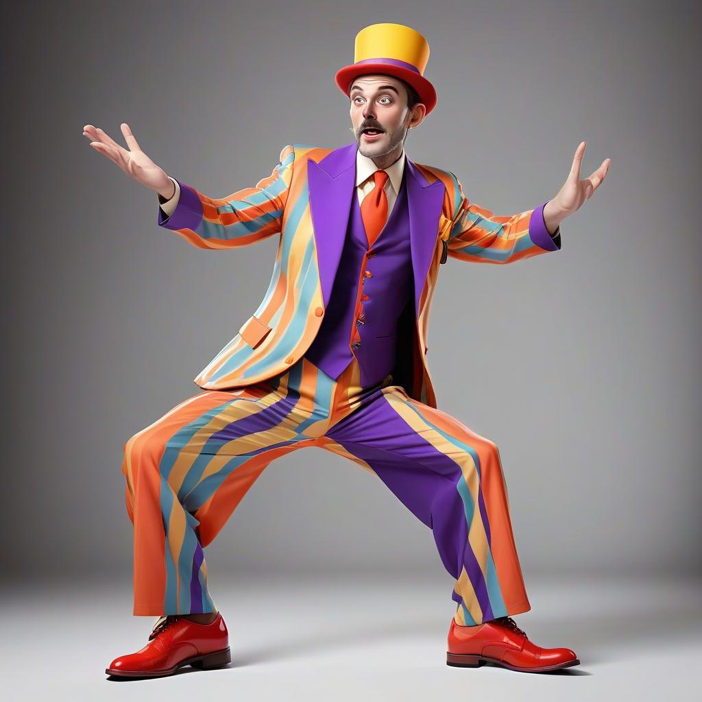  a stage image of a man. circus costume bright colors, big pockets, hat from the future. full length suit with shoes. good face.