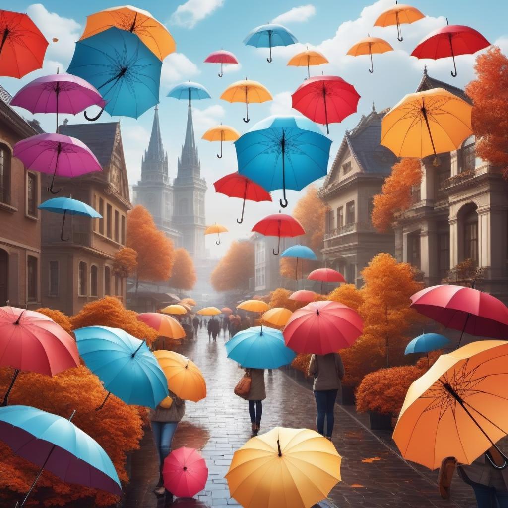  A heart of smiling umbrellas on the background of an autumn city, a bright dynamic picture in the style of a kortoon