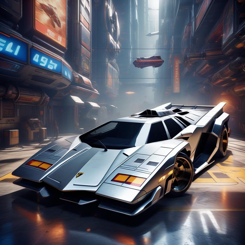  street fighter style the space shuttle looks like a lamborghini countach, silver color, in the styles of futurism, dieselpunk and steampunk. . vibrant, dynamic, arcade, 2d fighting game, highly detailed, reminiscent of street fighter series