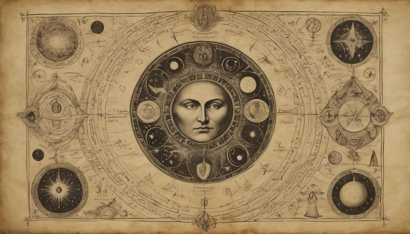  on parchment, surrealism++, a figure with an intense gaze, surrounded by glowing, cosmic symbols, dark and mystical(mysterious, provocative, symbolic)++