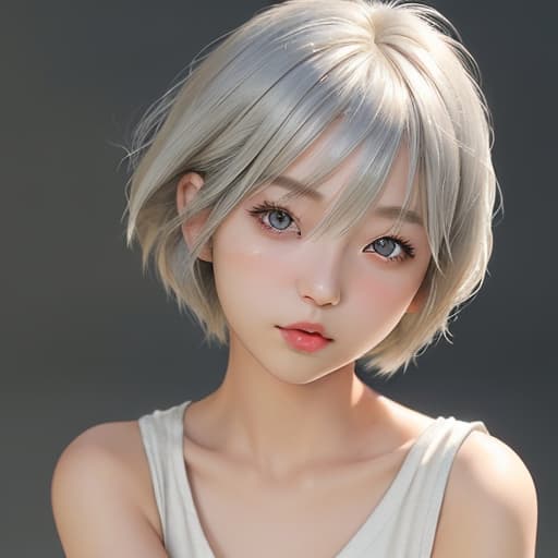  cute japanese girl face, cute short hair, light blonde and silver bob cut hairstyle, black sleeveless top, delicate makeup, cool style, natural lighting, photo realistic in the style of realistic.