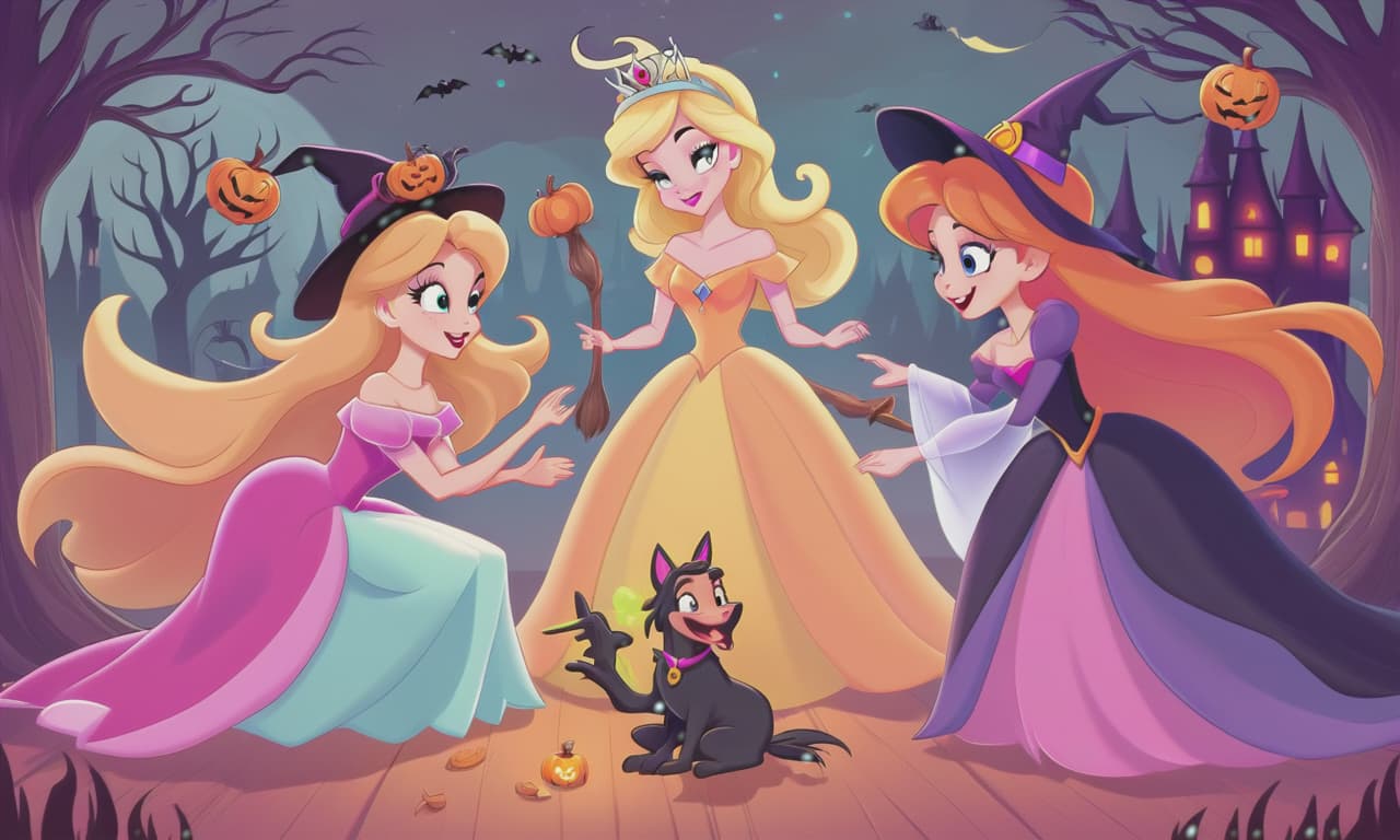  cartoon princesses playing with witches