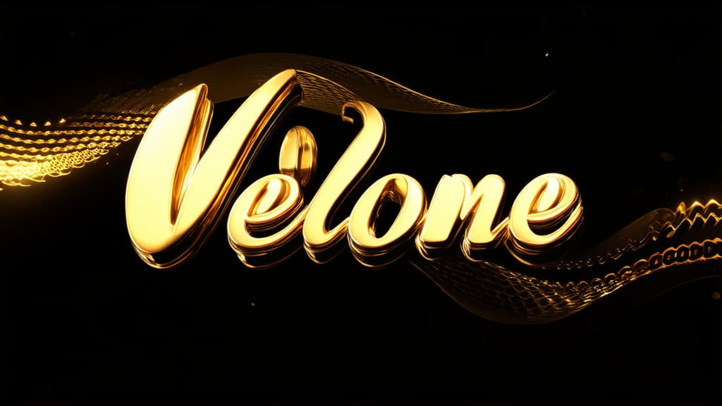  epic realistic, hyperdetailed, (cycles render:1.3), caustics, (glossy:0.58), (artstation:0.82),golden elegant text "welcome" on black background, golden abstract waves ar 16:9