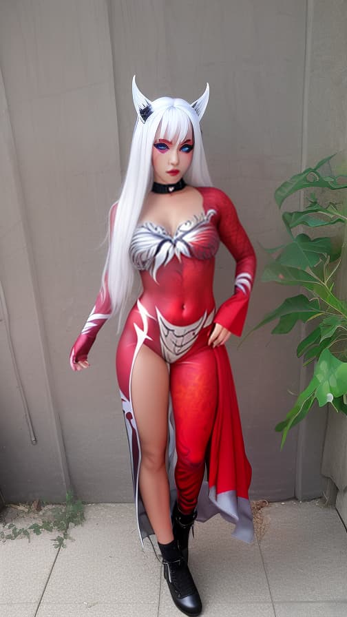  Full body red flame pattern body paint, Silver body paint on the whole body, Silver face paint on the face, Dark elf 女性