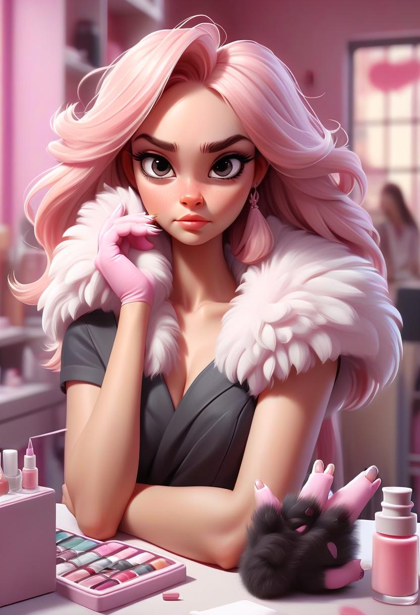  concept art cute young woman with fluffy paws and pinky claws at nail design studio . digital artwork, illustrative, painterly, matte painting, highly detailed, perfect hands, perfecteyes