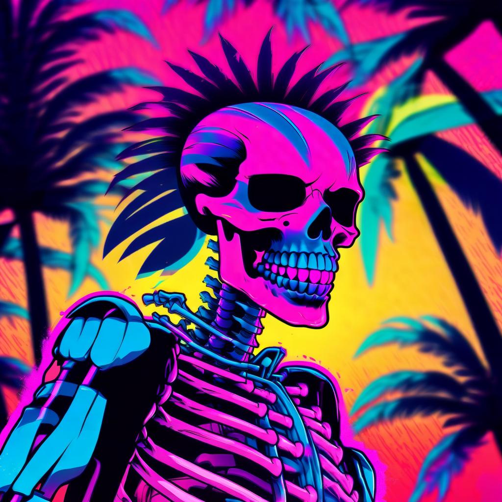  manga style retrowave skelet look to the right, smoke out of the head, retrowave sun behind, retrowave palm tree . vibrant, high energy, detailed, iconic, japanese comic style