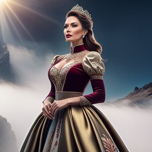  very luxury woman wearing dress mountain majesty hyperrealistic, full body, detailed clothing, highly detailed, cinematic lighting, stunningly beautiful, intricate, sharp focus, f/1. 8, 85mm, (centered image composition), (professionally color graded), ((bright soft diffused light)), volumetric fog, trending on instagram, trending on tumblr, HDR 4K, 8K