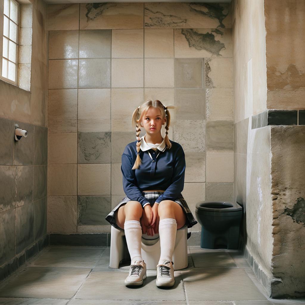  cinematic photo realistic photo, girl, sitting on a square toilet, blond hair, pigtails, shirt, skirt, high stockings, sneakers, large room, stone walls, stone floor. . 35mm photograph, film, bokeh, professional, 4k, highly detailed, film photography style