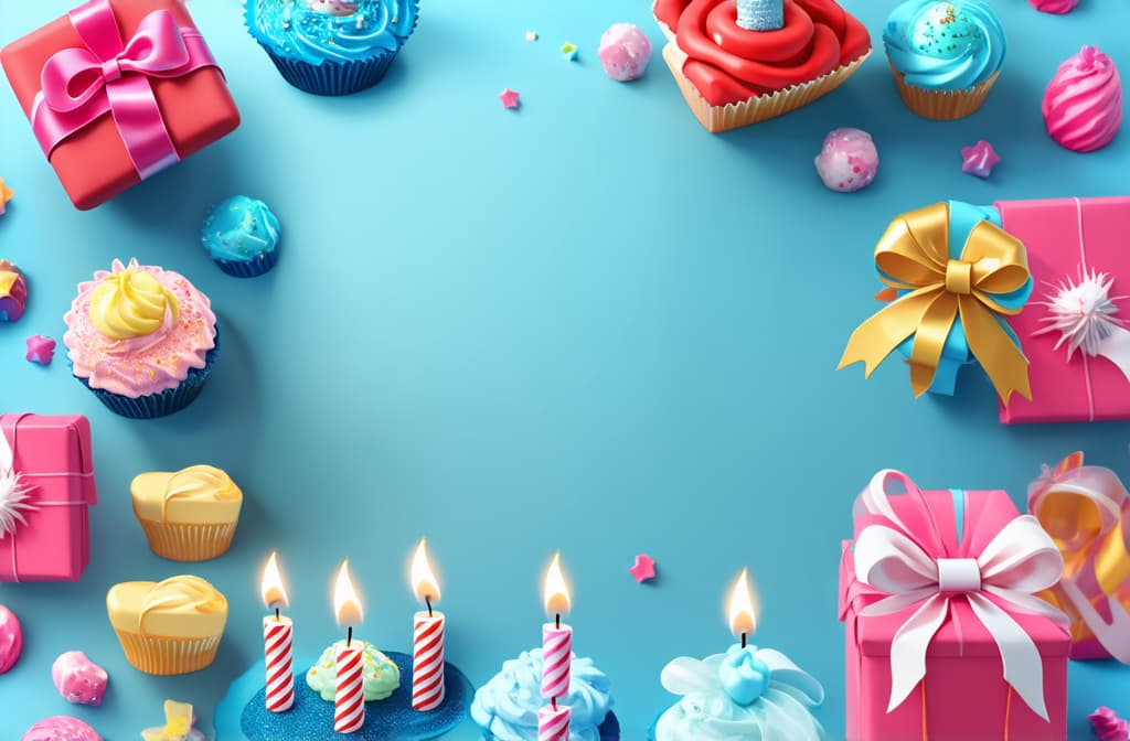  epic realistic, hyperdetailed, (cycles render:1.3), caustics, (glossy:0.58), (artstation:0.82),pastel colors frame with free place for text made from lot of birthday little cakes, candles, gift boxes with big bows