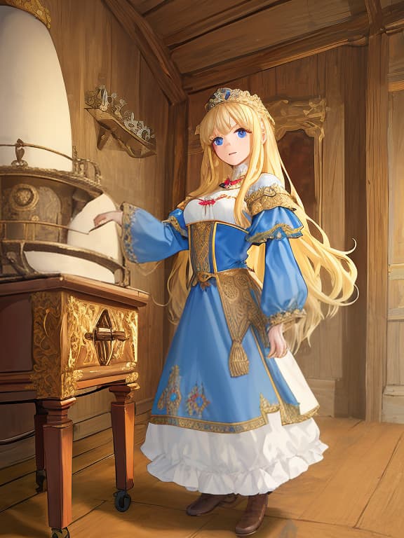  masterpiece, the best quality, a russian woman in traditional clothes prepares cakes in a stone oven, (fast and dexterous movements: 1.2), a very light smile, tense, piercing eyes, blue eyes, (decisive expression: 0.9), flowing blond hair, brown eyes, dressed in traditional russian dress, cooks in the open air, inside a wooden castle, against the background of an ancient russian throne room in a wooden castle, cartoon style, cute, modernism,