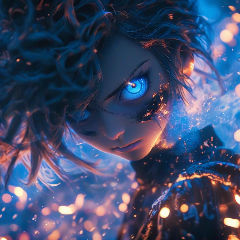  cinematic photo a woman that is standing in front of a fire, blue eye. anime, discord pfp, dark blue and black, !updo hair, alicization, tokyo ghoul, dancer of the underworld, great compostion, ability image, blue filter . 35mm photograph, film, bokeh, professional, 4k, highly detailed, glowneon