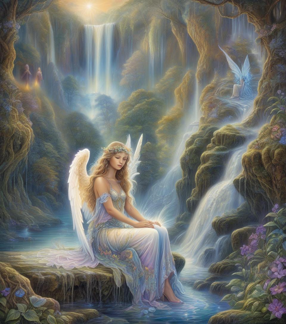  a painting of an angel sitting on the ground next to a waterfall, by josephine wall, by anne stokes, beautiful fantasy painting, inspired by josephine wall, beautiful fantasy art, very beautiful fantasy art, by pamela ascherson, beautiful fantasy art portrait, angel spirit guide, beautiful detailed fantasy, digital art fantasy art, breathtaking fantasy art, mystical art, dramatic fantasy art