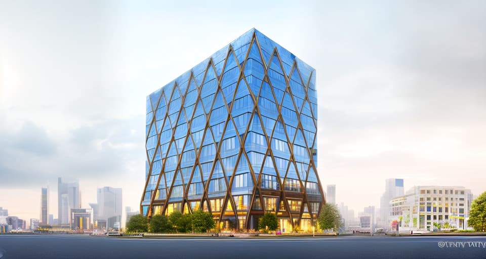 mdjrny-v4 style architecture, high quality, exterior perspective, time: noon, weather: sunny, 10 story office building at intersection, background: tokyo cityscape and blue sky, sanaa, wooden