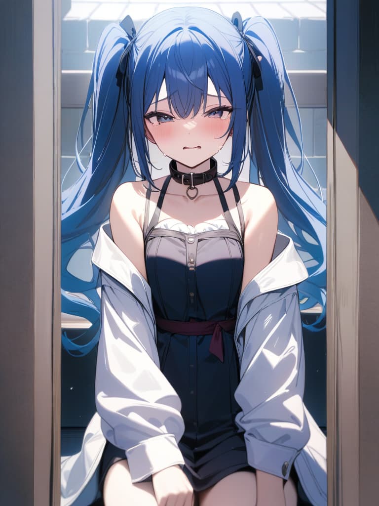  twin tails, blue hair, to , , , crying face,, s wearing gles,,,,, gles s, gles s, chio, she will be taken off, her woman inserted by a man, confined to prison, , collar, masterpiece, best quality,8k,ultra detailed,high resolution,an extremely delicate and beautiful,hyper detail