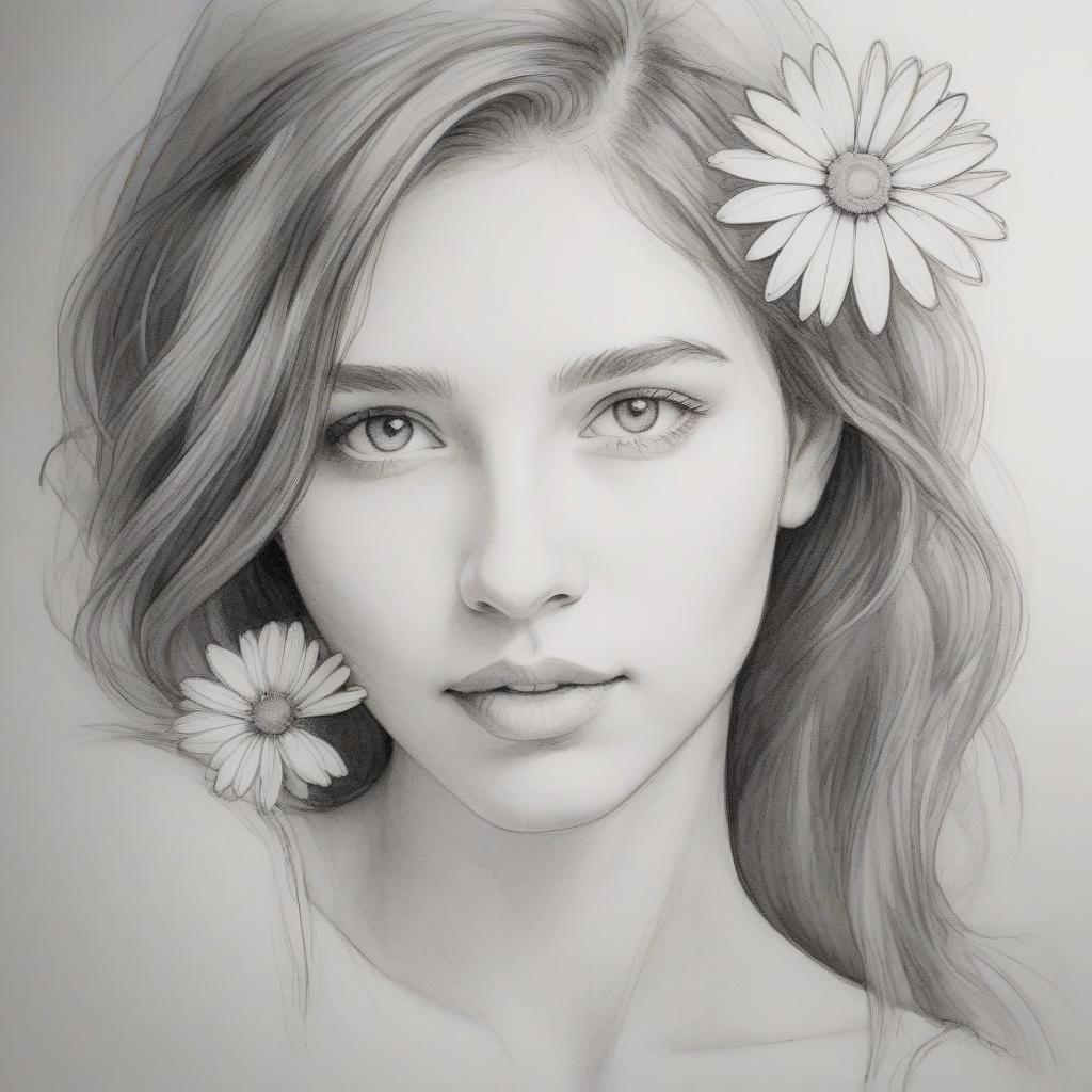  the sketch is unfinished. (sketch in thin pencil lines: 1.3). close up of a beautiful female face. white daisy in her hair. contours. a strand of hair. pencil strokes. (effect of unfinished: 1.3). minimalism. harmony of simplicity. in the manner of pyotr sokolov's watercolor portraits.