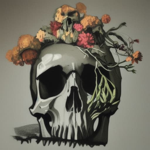  skull in the shadows with wilting flowers growing out of it