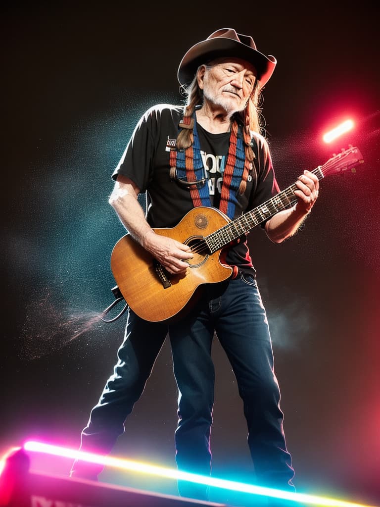  Singer Willie Nelson, medium shot, upper body, spotlight, long exposure lighting, street art style spray paint, glamour lighting