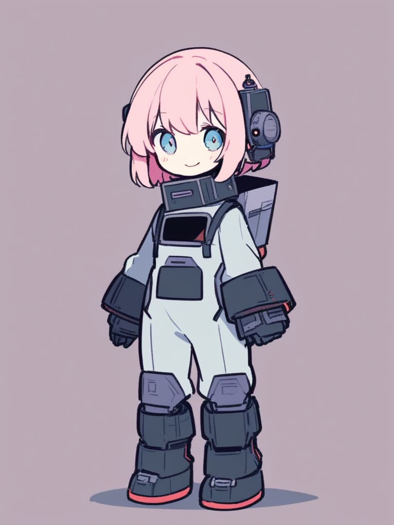  square box type tin bot, square box type robot, little girl, square girl, box robot girl, pink hair short hair, blue eyed, cute smile, neck robot, crawl type boot robot, overall body robot, whole body ,,,