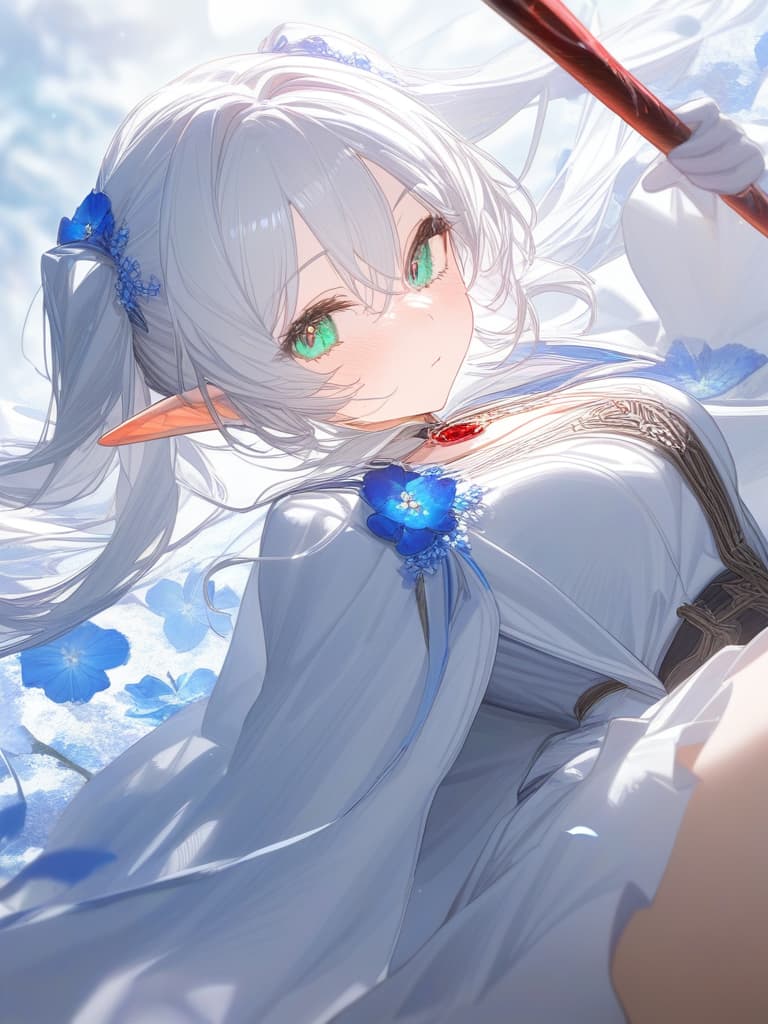  white hair, twin tails, elf, white robe, red jewel magic cane, blue green eyes, light blue flowers, masterpiece, best quality,8k,ultra detailed,high resolution,an extremely delicate and beautiful,hyper detail