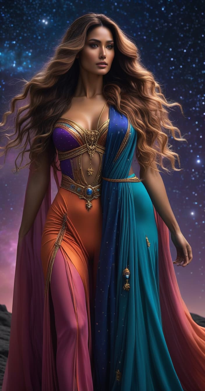  women ' s twin goddesses, two races, two goddesses, rpg characters, beautiful long hair, dark night skies with stars, planets and galaxies, galaxy of night, surrounded by bright peanut, orange, pink, purple, blue, green colours hyperrealistic, full body, detailed clothing, highly detailed, cinematic lighting, stunningly beautiful, intricate, sharp focus, f/1. 8, 85mm, (centered image composition), (professionally color graded), ((bright soft diffused light)), volumetric fog, trending on instagram, trending on tumblr, HDR 4K, 8K