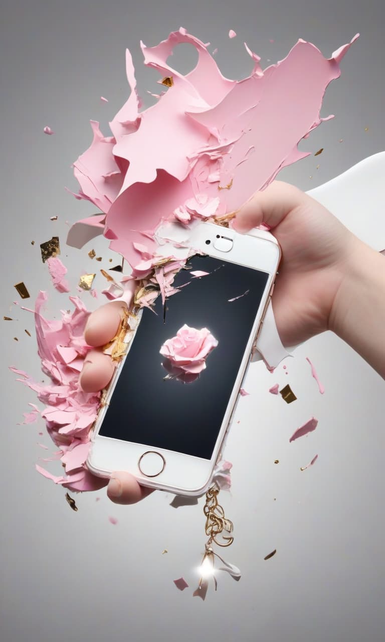  concept art color pink, white, black, gold hand holding the phone broken . digital artwork, illustrative, painterly, matte painting, highly detailed, perfect hands