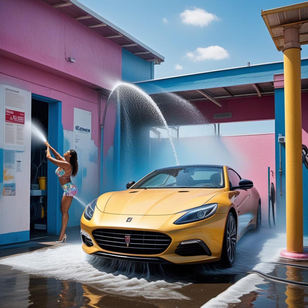  Abstract art of a woman washing a car at a car wash, utilizing vibrant colors, dynamic shapes, and unconventional forms. The composition should evoke the movement and energy of the scene, with suggestions of water sprays, bubbles, and car elements blending artistically with the woman washing the car. hyperrealistic, full body, detailed clothing, highly detailed, cinematic lighting, stunningly beautiful, intricate, sharp focus, f/1. 8, 85mm, (centered image composition), (professionally color graded), ((bright soft diffused light)), volumetric fog, trending on instagram, trending on tumblr, HDR 4K, 8K