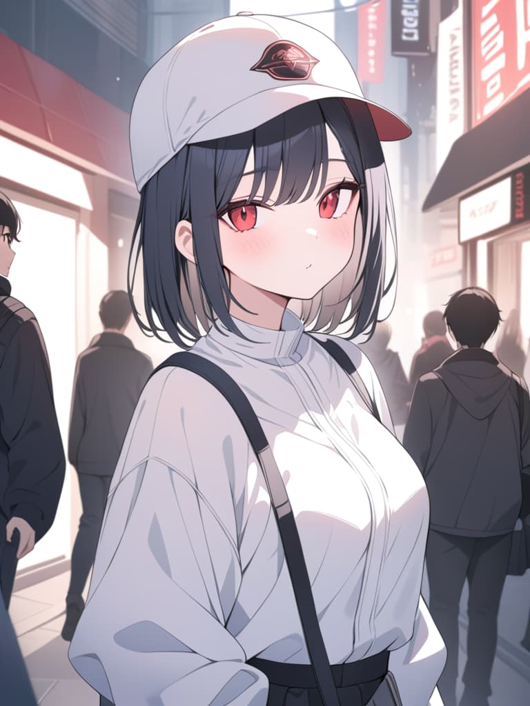  black hair, bob hair, street fashion, red eyes, cool, hat, masterpiece, best quality,8k,ultra detailed,high resolution,an extremely delicate and beautiful,hyper detail