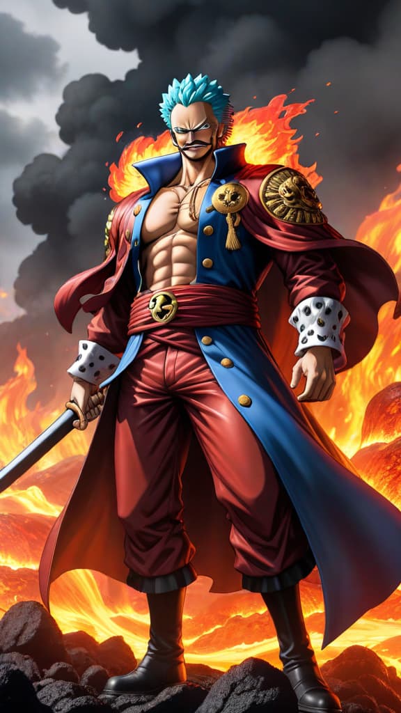  one piece, admiral akainu emerging from a sea of molten lava, eyes burning with fury, anime art hyperrealistic, full body, detailed clothing, highly detailed, cinematic lighting, stunningly beautiful, intricate, sharp focus, f/1. 8, 85mm, (centered image composition), (professionally color graded), ((bright soft diffused light)), volumetric fog, trending on instagram, trending on tumblr, HDR 4K, 8K