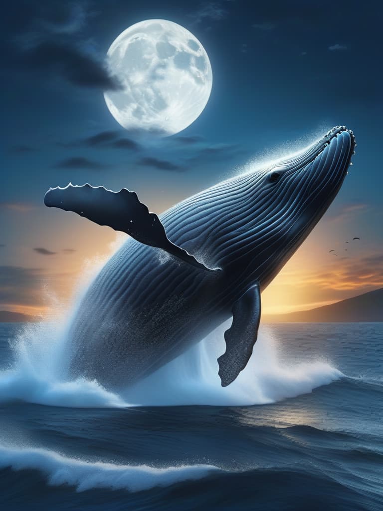  super detailed,8k,high resolution,absurd,employed,detailed,delicately composed,cinematic angles,bold composition,subtle features,{{no people:1.4}}((whale jumping in the ocean)){wide ocean,horizon,big full moon,((whale jumping big against the full moon))shimmering wave splash},top quality,masterpiece,