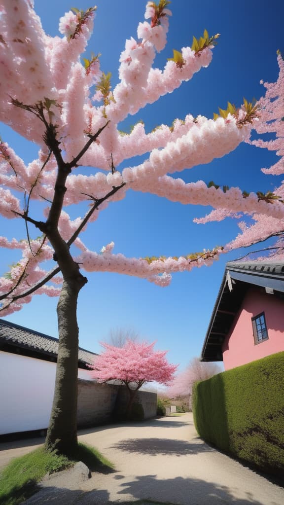  a blooming cherry blossom tree, with delicate pink petals set against a clear dark blue sky.