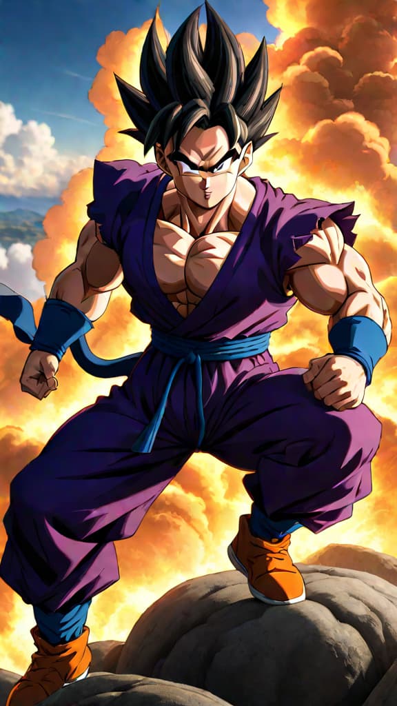  anime art: gohan's untapped potential surpasses even goku's relentless training in dragon ball. hyperrealistic, full body, detailed clothing, highly detailed, cinematic lighting, stunningly beautiful, intricate, sharp focus, f/1. 8, 85mm, (centered image composition), (professionally color graded), ((bright soft diffused light)), volumetric fog, trending on instagram, trending on tumblr, HDR 4K, 8K