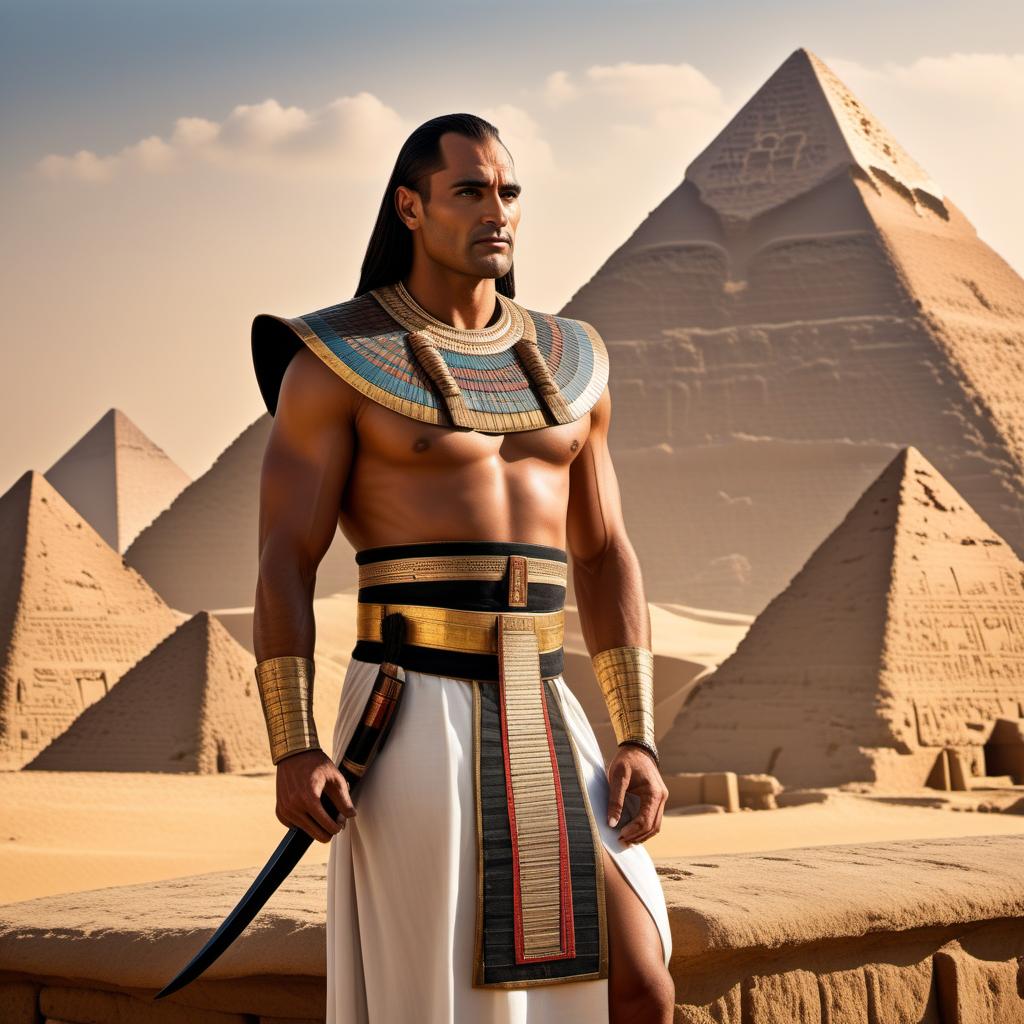  Sonny Olomua depicted in ancient Egypt. He is a scribe or warrior dressed in traditional Egyptian attire with a backdrop including pyramids, the Sphinx, and the Nile. He may be seen writing hieroglyphics or engaged in an activity typical of ancient Egyptian life. The scene captures the rich cultural and architectural heritage of ancient Egypt, with elements like stone tablets, Egyptian deities, and traditional housing structures. hyperrealistic, full body, detailed clothing, highly detailed, cinematic lighting, stunningly beautiful, intricate, sharp focus, f/1. 8, 85mm, (centered image composition), (professionally color graded), ((bright soft diffused light)), volumetric fog, trending on instagram, trending on tumblr, HDR 4K, 8K