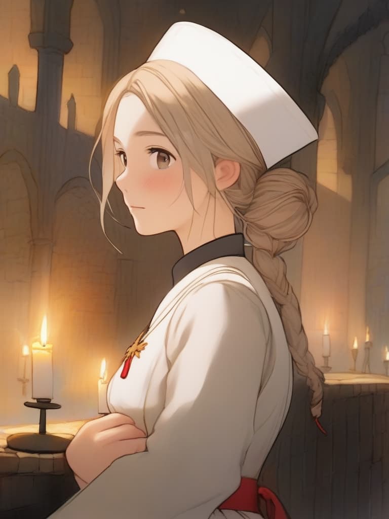  back view {beautiful woman:1.2}{beige hair color:1.2}{small chignon}{nightingale white nurse cap:1.2}{nightingale white nurse uniform:1.2}{nurse apron:1.2}(upper body)medieval hospital background,high quality,16k,super analysis