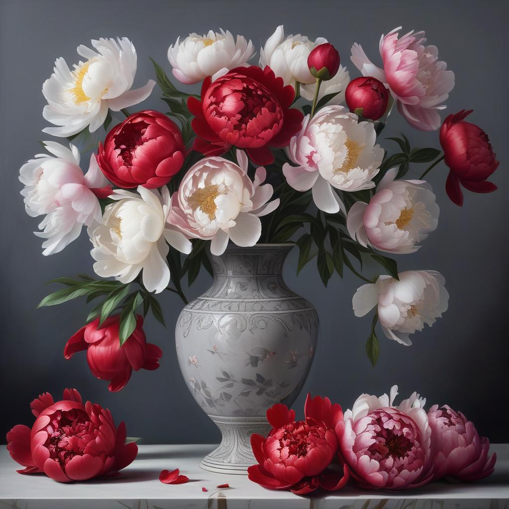  hyperrealistic art red and white, by c f. white peonies and red peonies in a vase on the table, dark grey wall. still life, oil on canvas. . extremely high resolution details, photographic, realism pushed to extreme, fine texture, incredibly lifelike