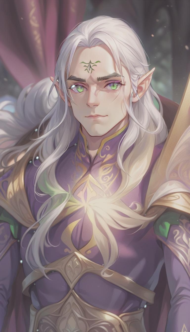  breathtaking man, elf, long white hair, green eyes, purple clothes . award winning, professional, highly detailed, sticker