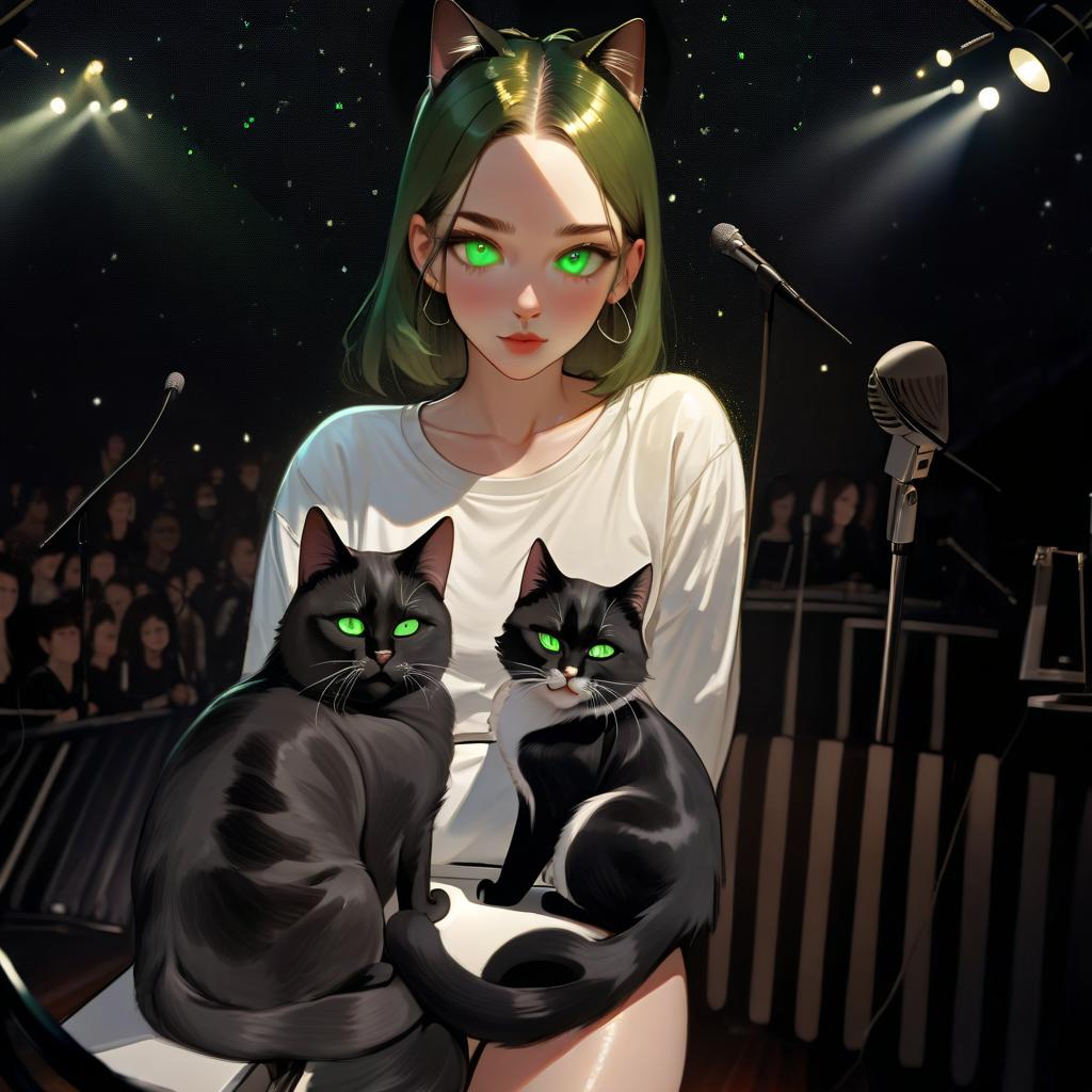  girl with dark green eyes, two cats, space, spotlights, view from the stage, microphone, music, royal grace