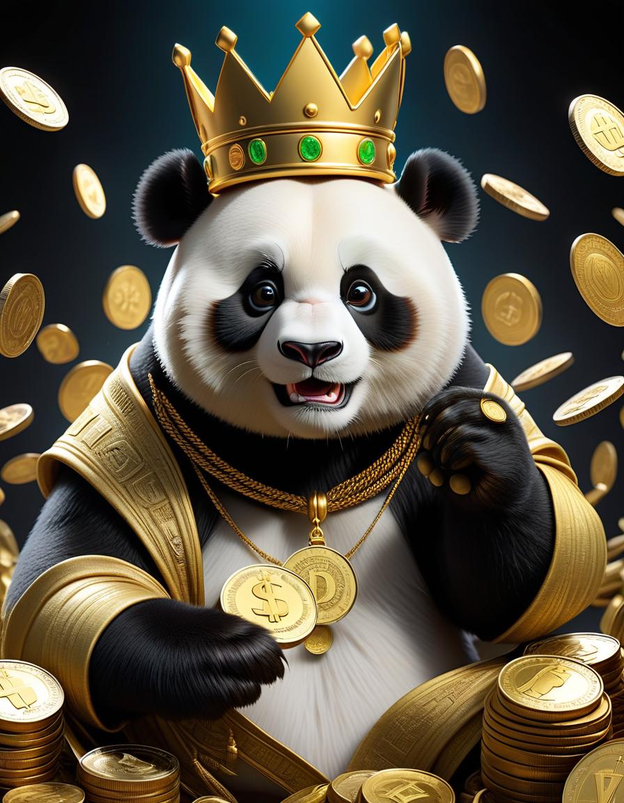  create a picture of the dollar rate rising and falling in gold color in the center a cartoon brutal panda with a crown on his head with a coin in his hand on the sides up and down arrows on a black background hyperrealistic, full body, detailed clothing, highly detailed, cinematic lighting, stunningly beautiful, intricate, sharp focus, f/1. 8, 85mm, (centered image composition), (professionally color graded), ((bright soft diffused light)), volumetric fog, trending on instagram, trending on tumblr, HDR 4K, 8K