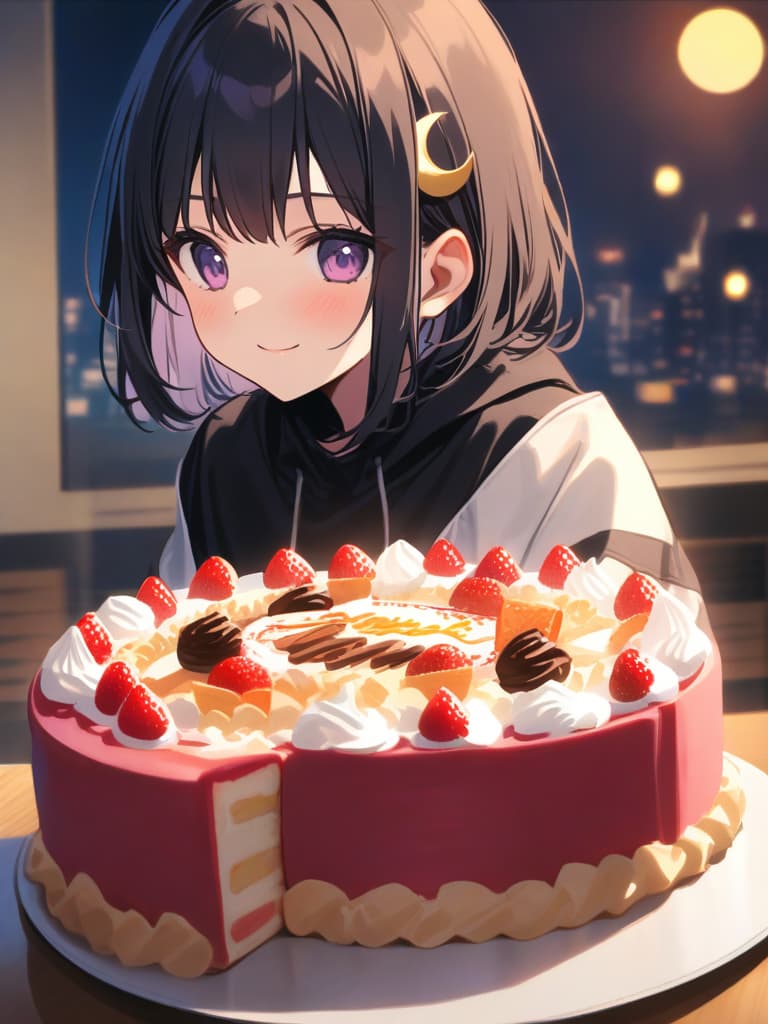  birthday party,large crowd,100 people,whole cake,birthday cake,crackers,gorgeous dress ,decorations,indoors,cool girl,black hair,(purple eyes)1.1,short,cropped hair,(crescent moon hair ornament)1.2,smile,