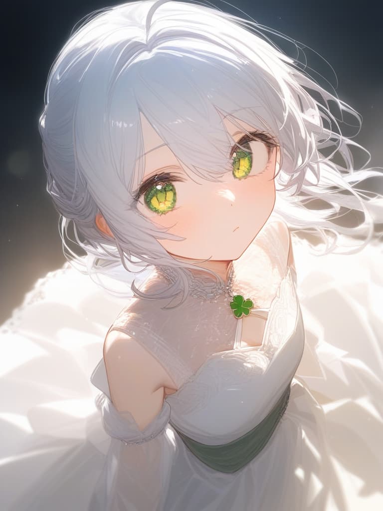  harajin, white hair, green eyes, clover eyes in the center of the eyes, cute, small girl, ponytail, mysterious, wedding dress, masterpiece, best quality,8k,ultra detailed,high resolution,an extremely delicate and beautiful,hyper detail