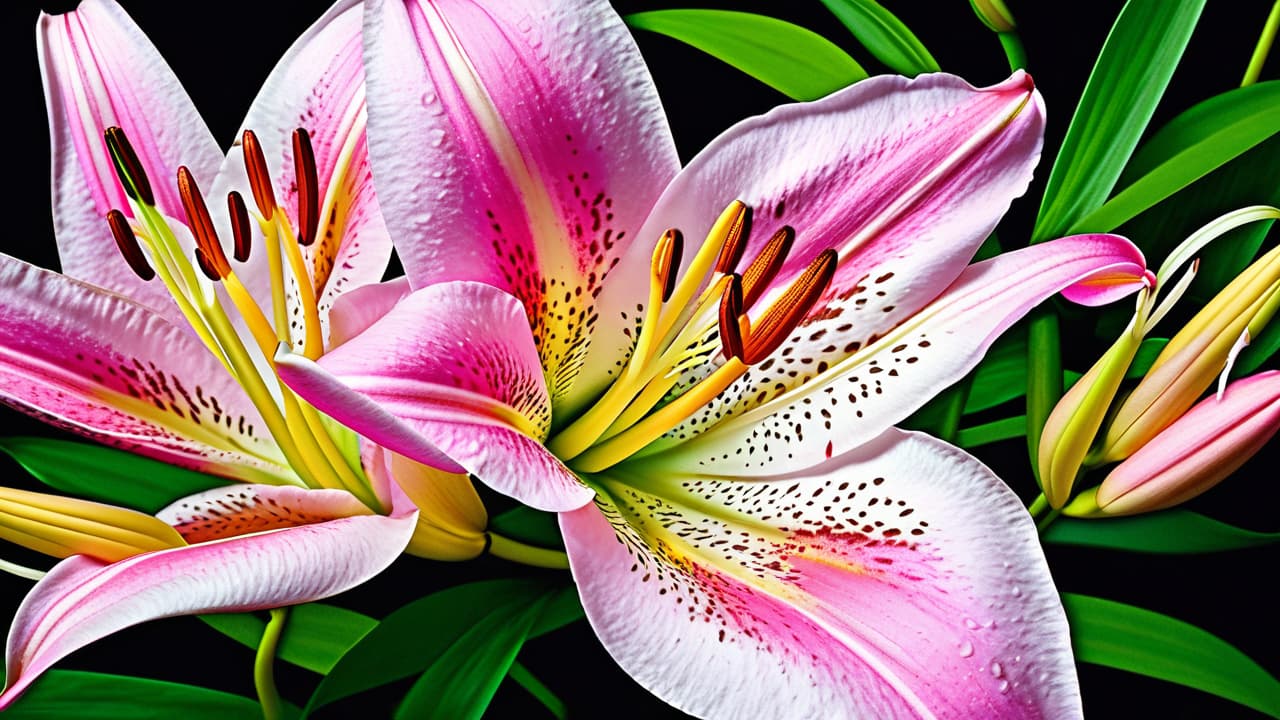  macro photography, the images features individual pink lilies and leaves, each illustrated with fine detail, highlighting their unique textures and curvature. the flowers and leaves vary. each plant carries its own distinct form, emphasizing their organic and fluid shapes., close up, macro 100mm, macro photography