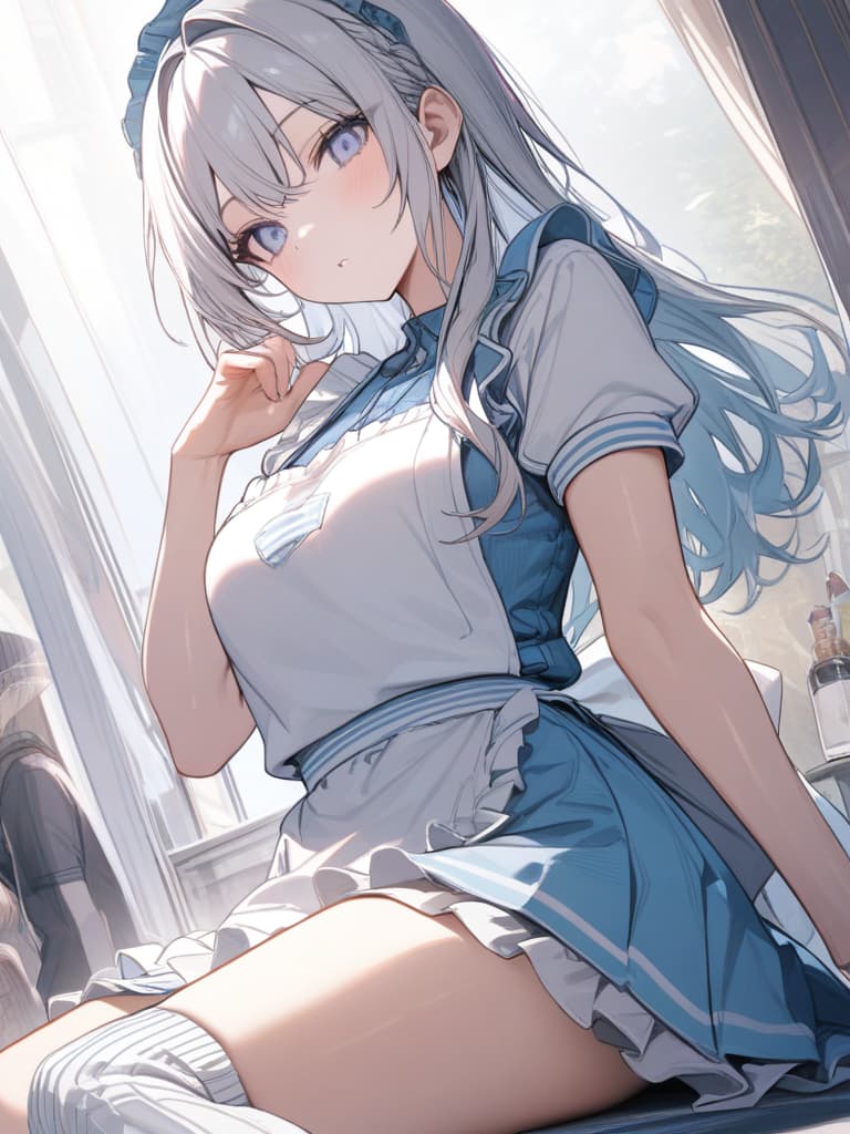  light blue, white, pale color, arm cover, loose socks, bottom, apron, angel area, subculture, white point, white hair, juro eyes, candy ing candy, half sleeved, moe sleeves, jersey maid , half , frilled apron, light blue bag, masterpiece, best quality,8k,ultra detailed,high resolution,an extremely delicate and beautiful,hyper detail