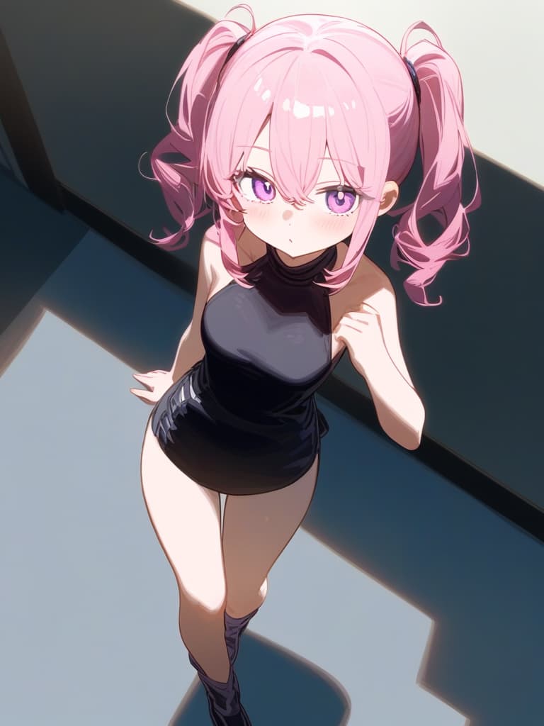  purpleeyes, girl, cute, pinkhair, twintail, wholebody, blackonepiece