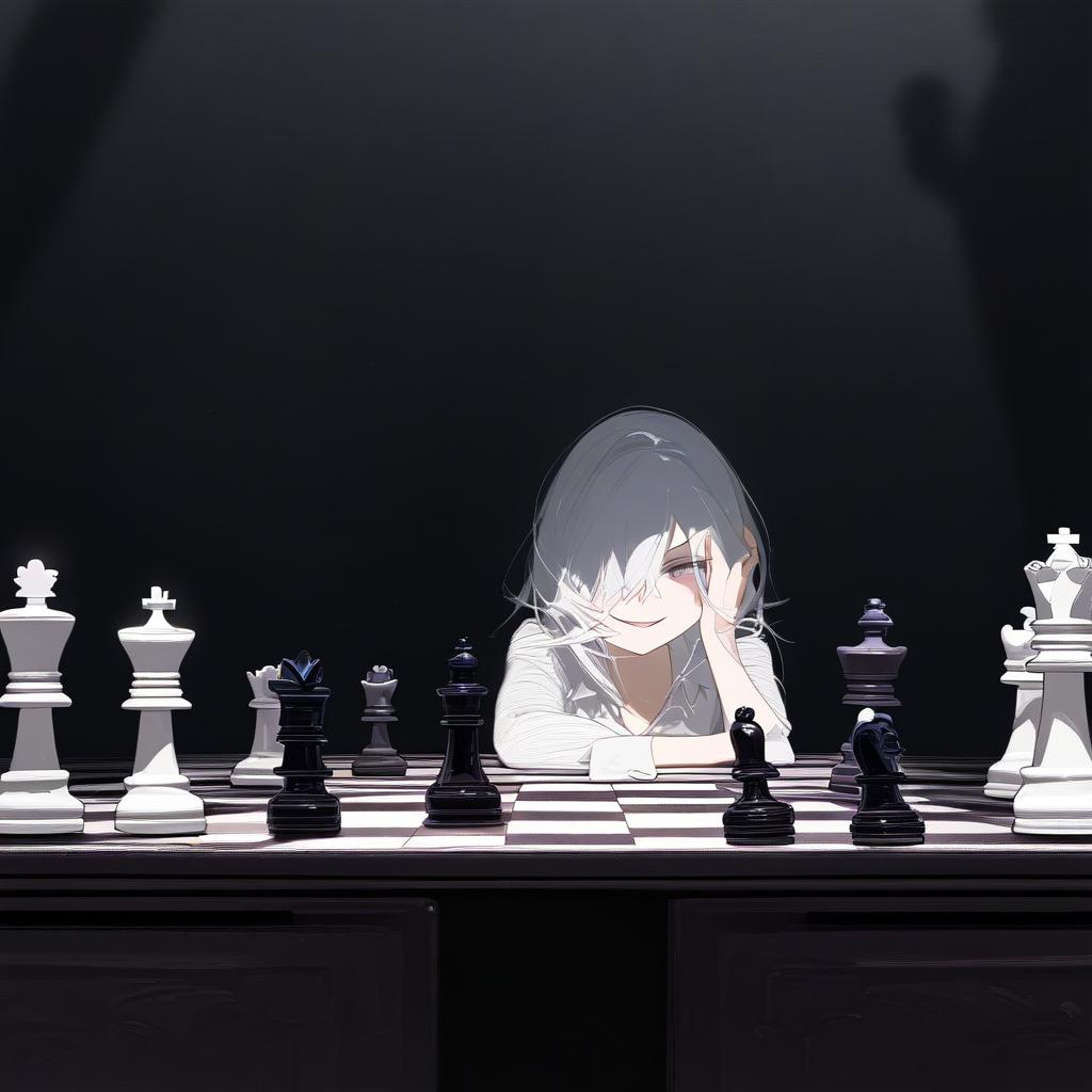  white hair anime woman with shadows hiding face, sitting in front of a table with a chess set on it,an evil smile on her face and only 1 eye is visible . best quality, high resolution