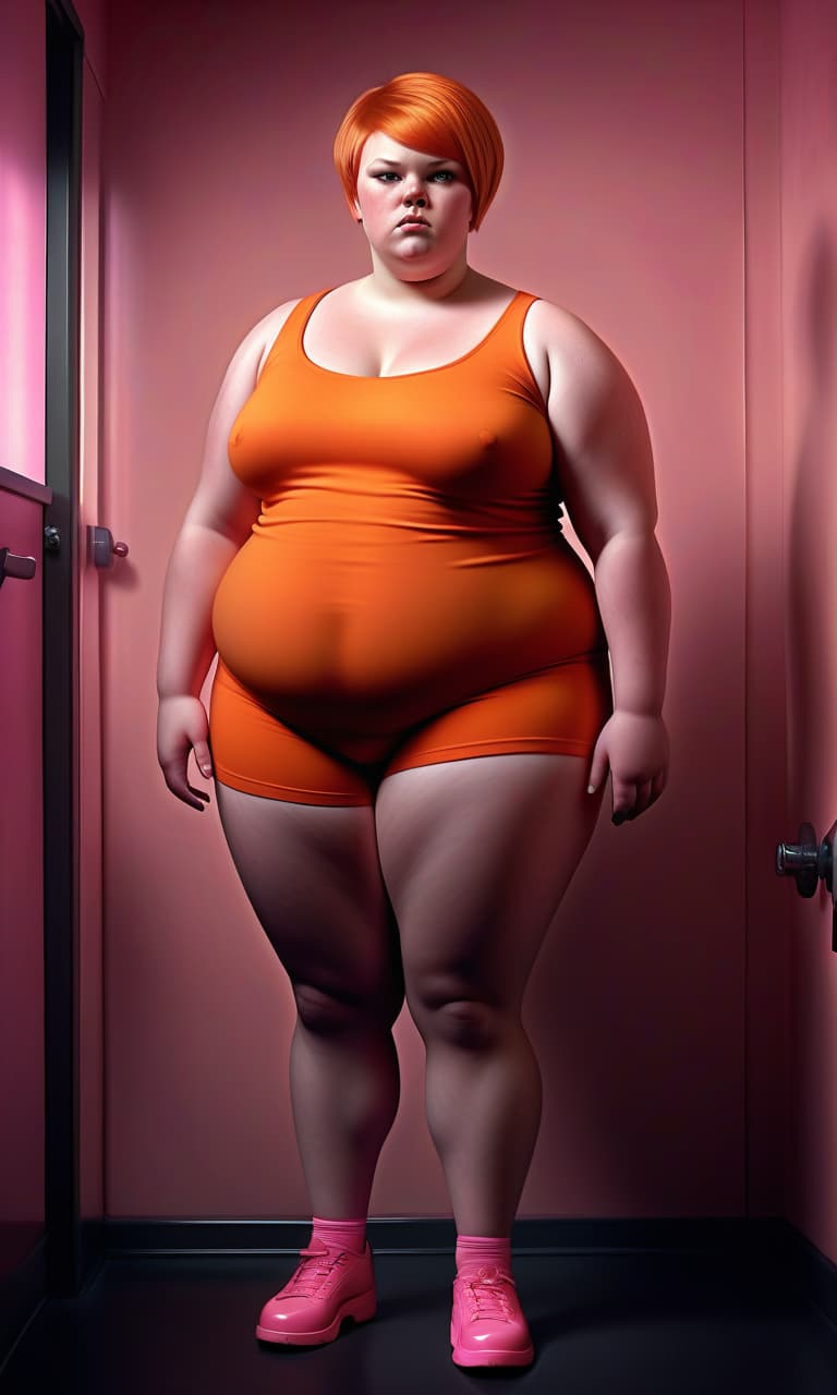  hyperrealistic art a tall, overweight girl, full length, a pumped up muscle and legs, with a round swollen , her was swollen and fullness, short orange hairstyle, pink gles, a dark monochrome room . extremely high resolution details, photographic, realism pushed to extreme, fine texture, incredibly lifelike